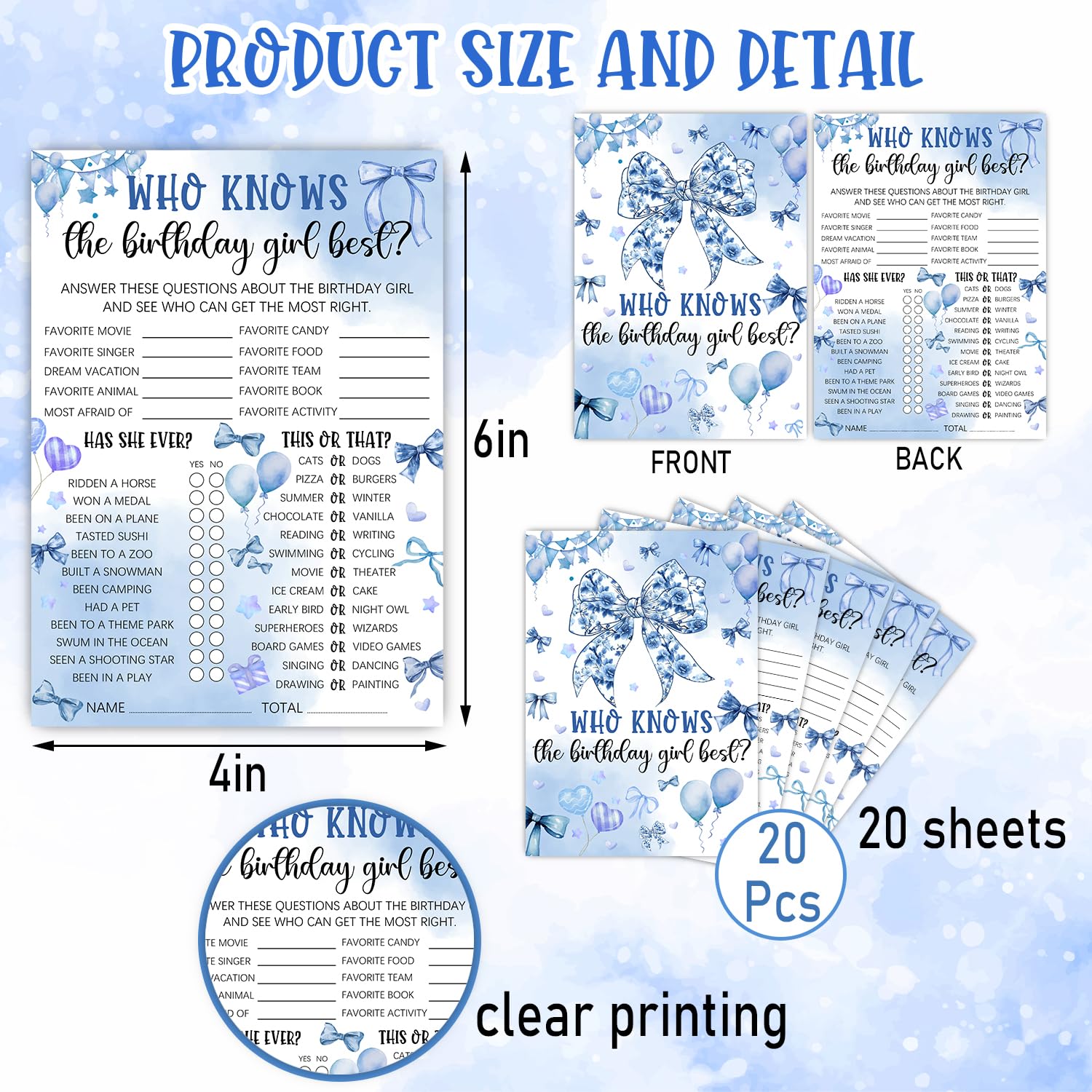 Who Knows The Birthday Best - Blue Party Games Card Set - Blue Bow Themed Sleepover Slumber Party Supplies - Birthday Night Games Creative Idea - 20 Game Cards