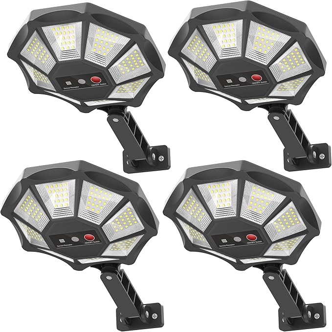4 Pack 168 LED Solar Flood Lights 6500K IP66 Waterproof Motion Sensor Street Lights
