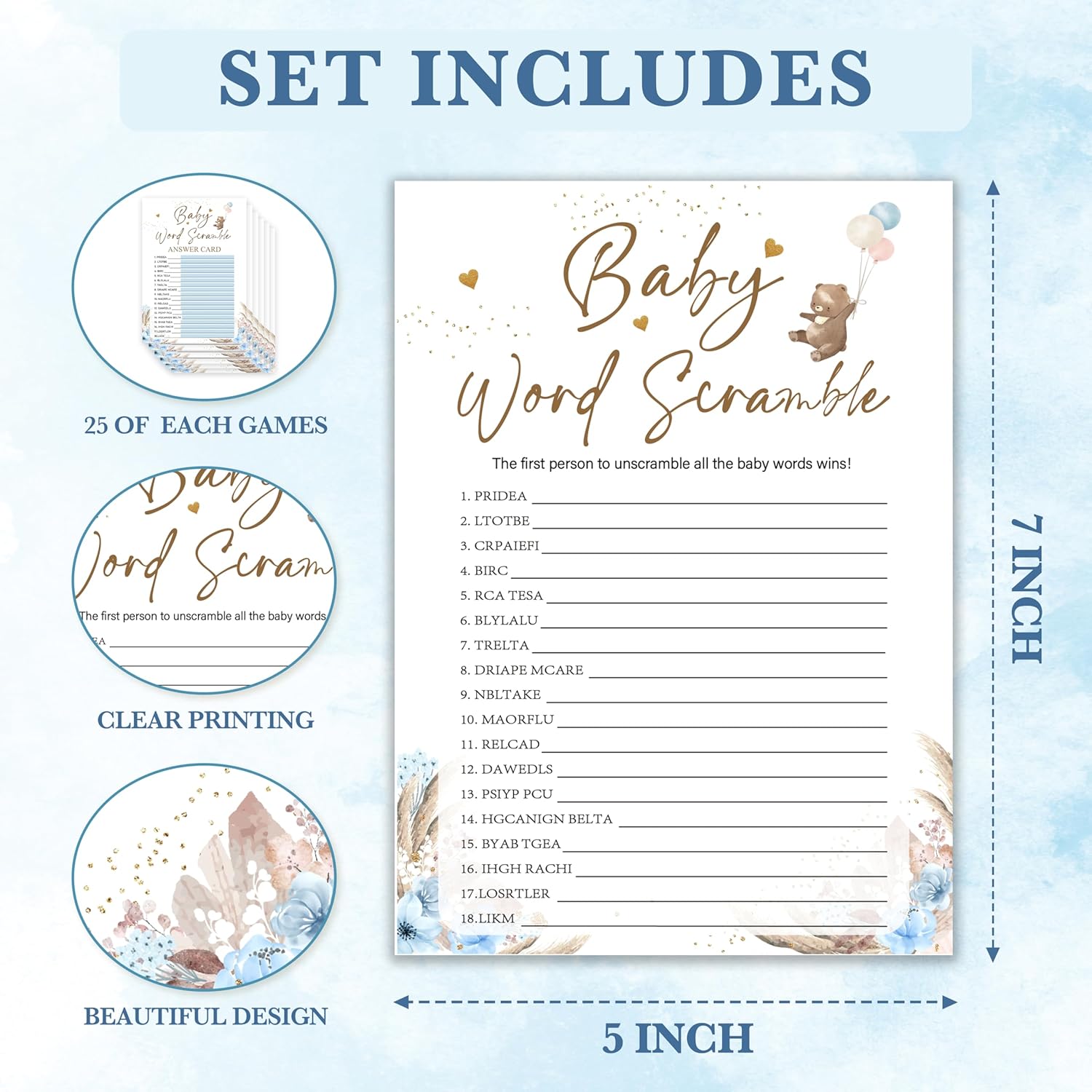Baby Shower Games, Bear Themed Blue Word Scramble Cards For 25 Players, Gender Neutral Party Activities