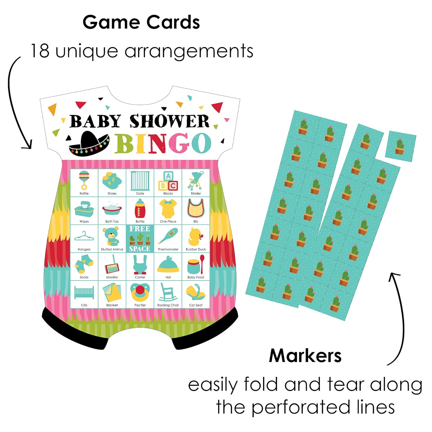 Big Dot of Happiness Let’s Fiesta - Picture Bingo Cards and Markers - Baby Shower Shaped Bingo Game - Set of 18