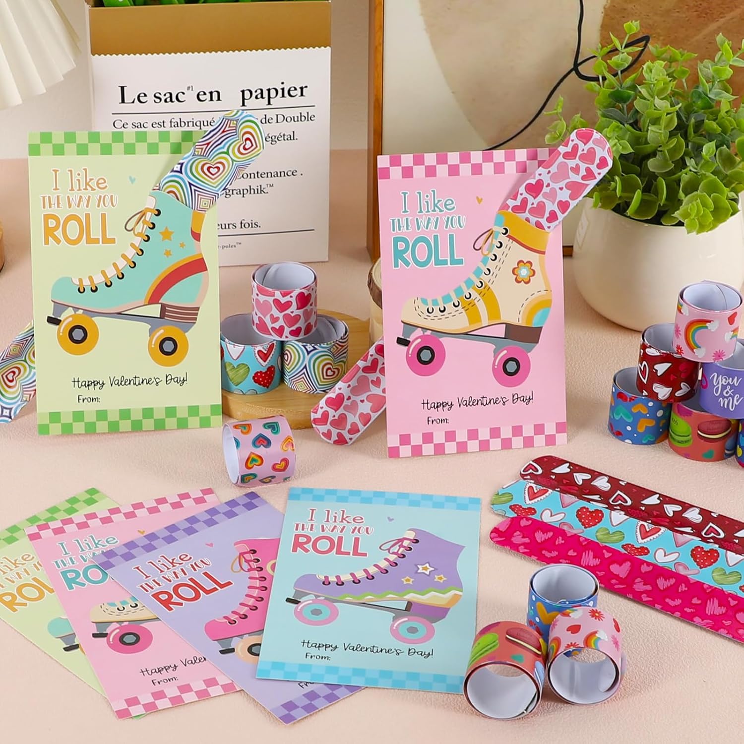 24 Packs Roller Skate Valentine'S Day Cards With Slap Bracelets, Fun Valentine’S Day Gifts For Kids Classroom Exchange & School Parties