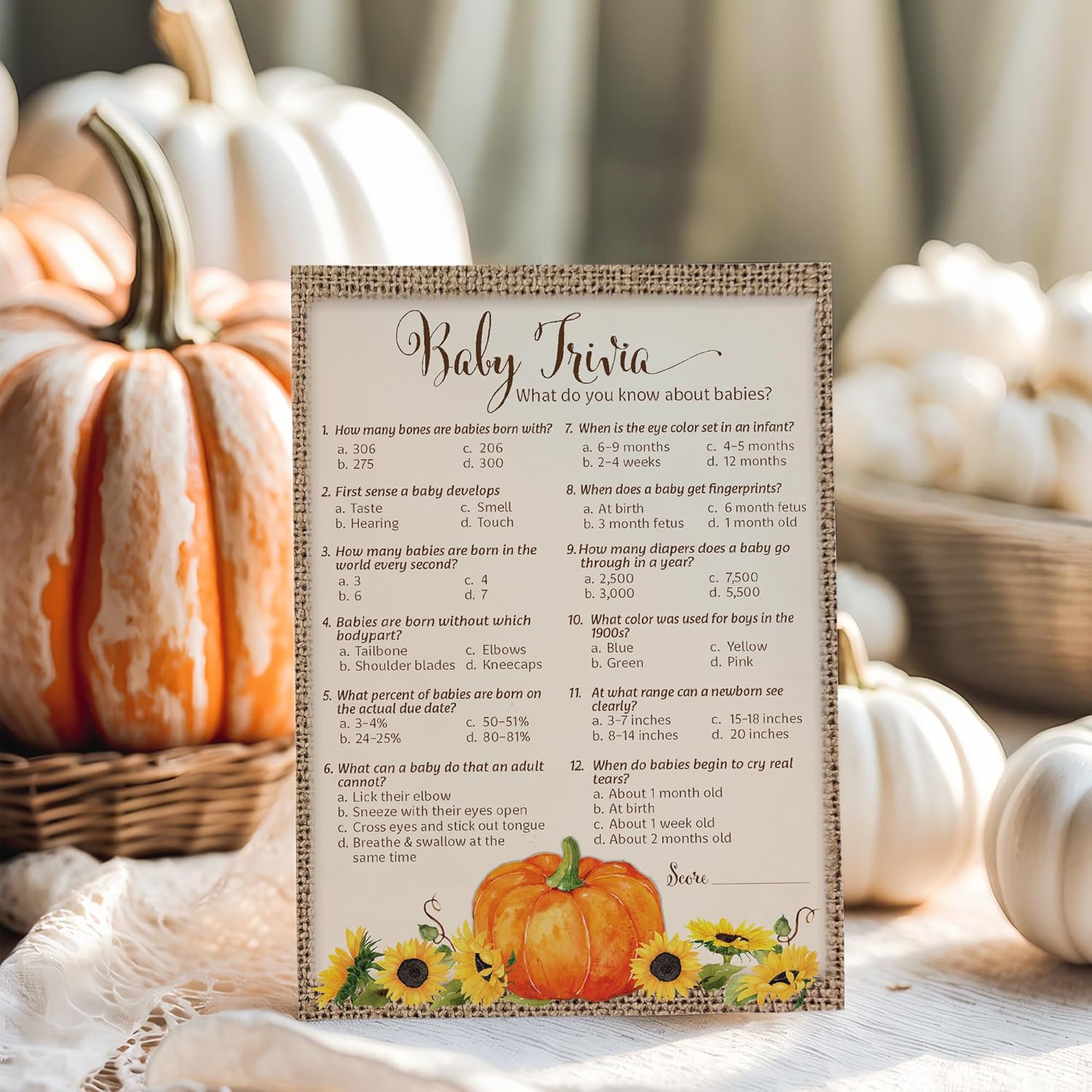 Pumpkin Baby Shower Game, Pumpkins Baby Trivia Game — Pack Of 25 — Fall Baby Shower, Rustic Gender Neutral Baby Shower Games, Little Pumpkin Autumn Fall Baby Halloween Baby Party Games Sku G331-Trv