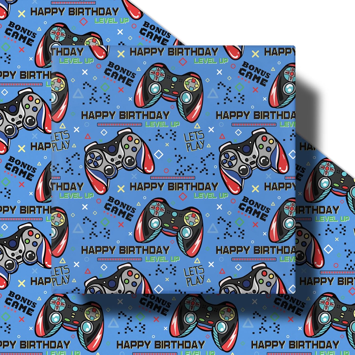 Video Game Birthday Wrapping Paper Roll For Boys, Mini Roll, Blue Game Controller Pattern And Gamer Text Gift Wrap Paper For Birthday, Game Party, Holiday, 17 Inches X 16.4 Feet