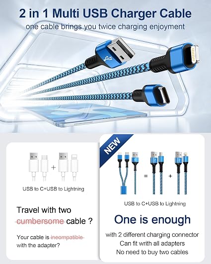 2 in 1 USB Multi Charging Cable 4FT Braided USB C Lightning Fast Charger Cord