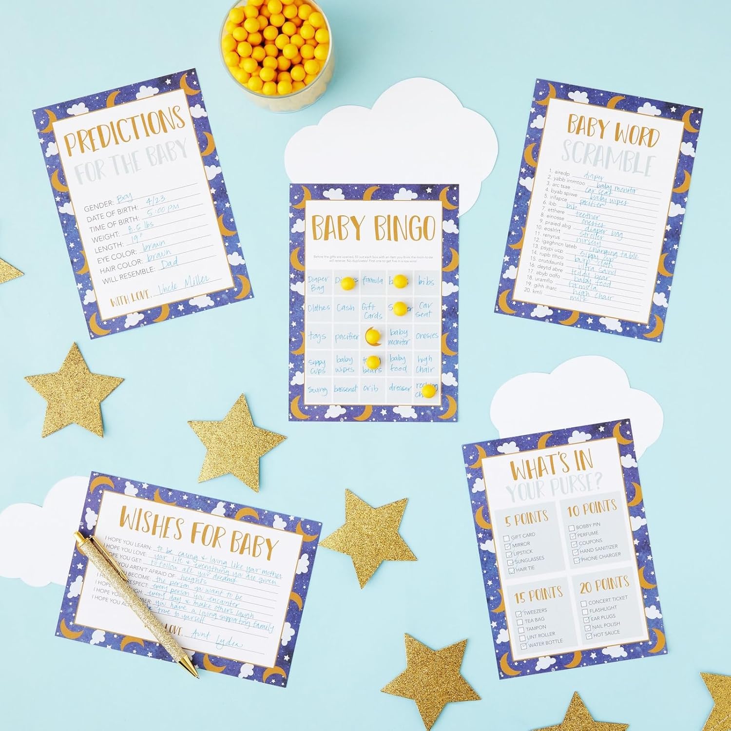 Moon & Star Theme Baby Shower Party Kit - 5 Activities, 251 Cards For 50 Guests - Space Cloud Baby Shower Card Games & Twinkle Little Star Bingo, Word Scramble Challenge