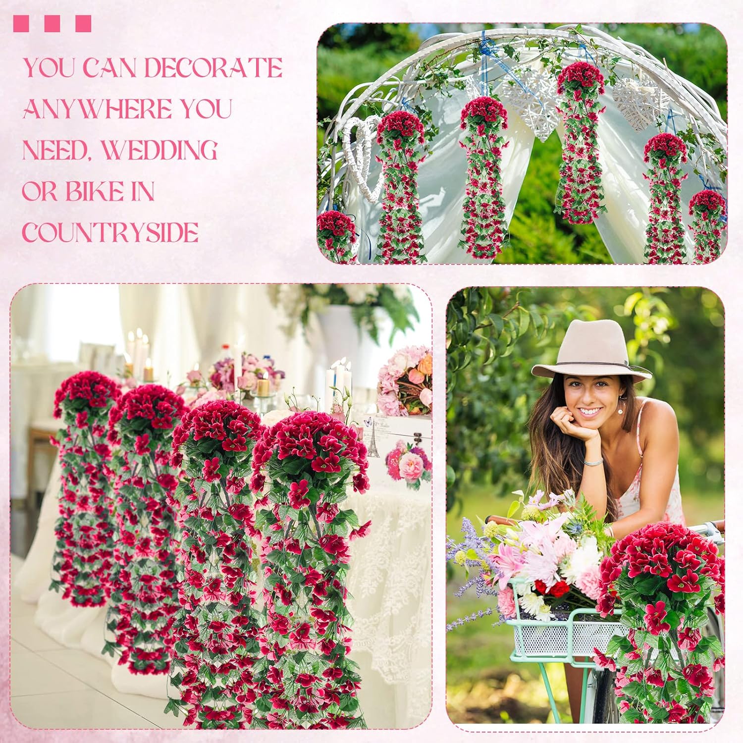 4 Pack Violet Hanging Flowers Artificial Decor 5 Petal Silk Violet Simulation Hanging Plant Faux Royal Artificial Orchid For Home Garden Wedding Indoor Outdoor(Rose Red)