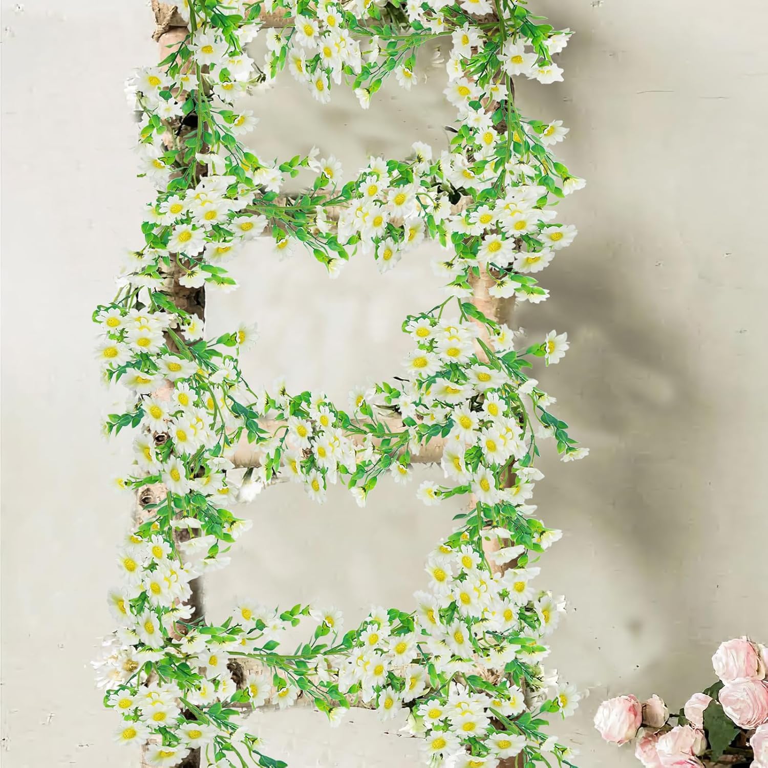 Artificial Daisy Flowers Vine Silk Wildflower Garland Spring Fake Flower Vine Hanging Ivy White Daisy Flowers Green Leaves For Wall Party Wedding Arch Floral Decor Home Indoor Outdoor Ceremony