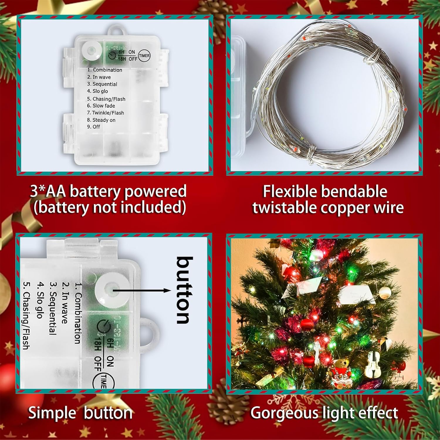 Battery Operated Christmas Lights - Indoor Red & Green Mini Fairy Lights, Timer, 2Pack Total 200Led, 65.6Ft Copper Wire,