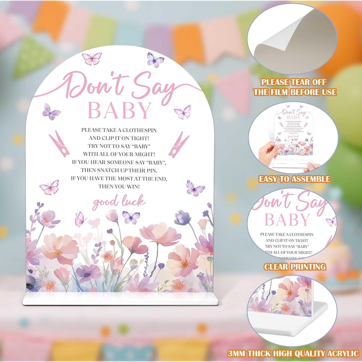 Baby Shower Games - Butterfly Don'T Say Baby Clothespin Game, 1 Arch Acrylic Sign And 50 Mini Clothespins, Gender Reveal Game, Purple Butterfly Baby Shower Decoration Supplies (Gxb02)