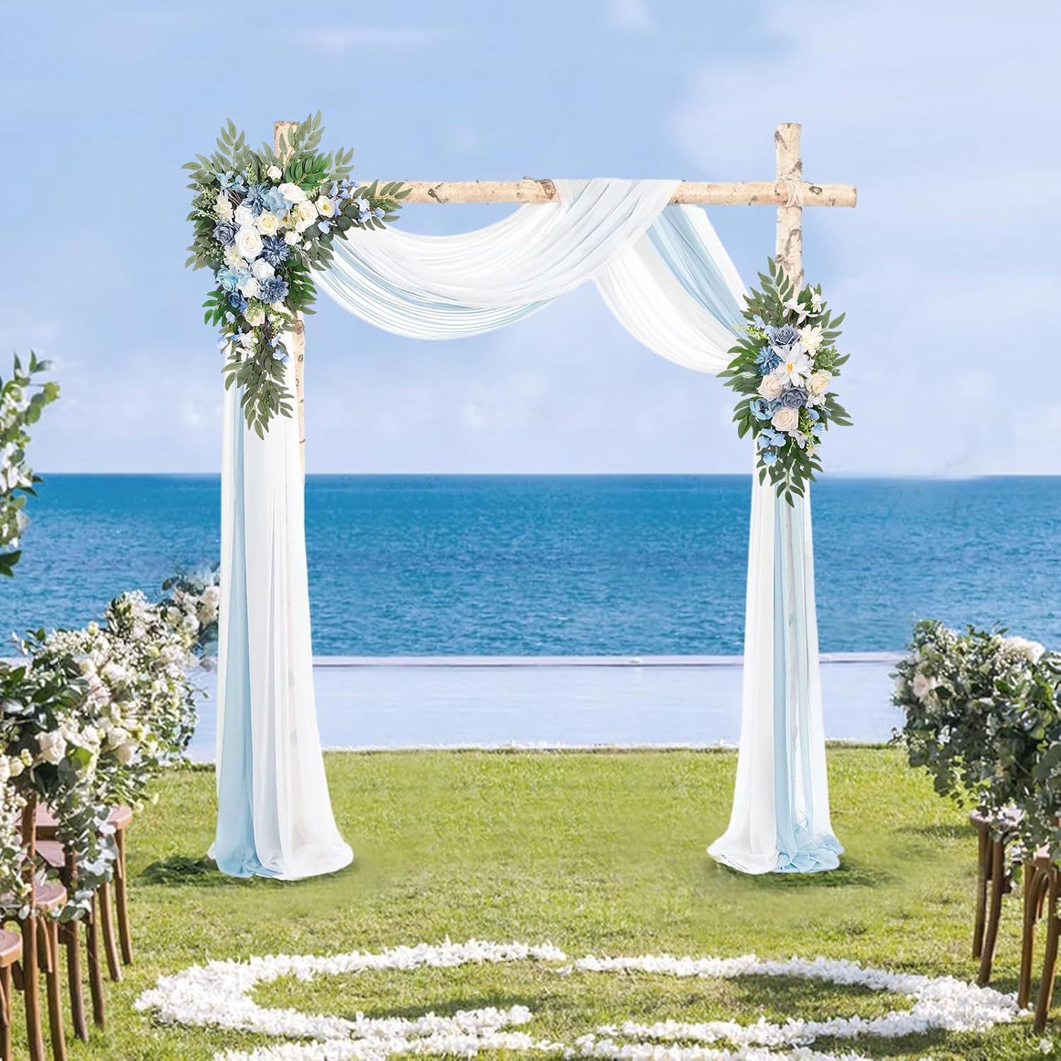 Wedding Arch Flowers With Drapes Kit (Pack Of 4), 2Pcs Artificial Flower Arrangement With Draping Fabric Light Blue Floral Swag For Wedding Ceremony Arbor And Reception Backdrop Decoration