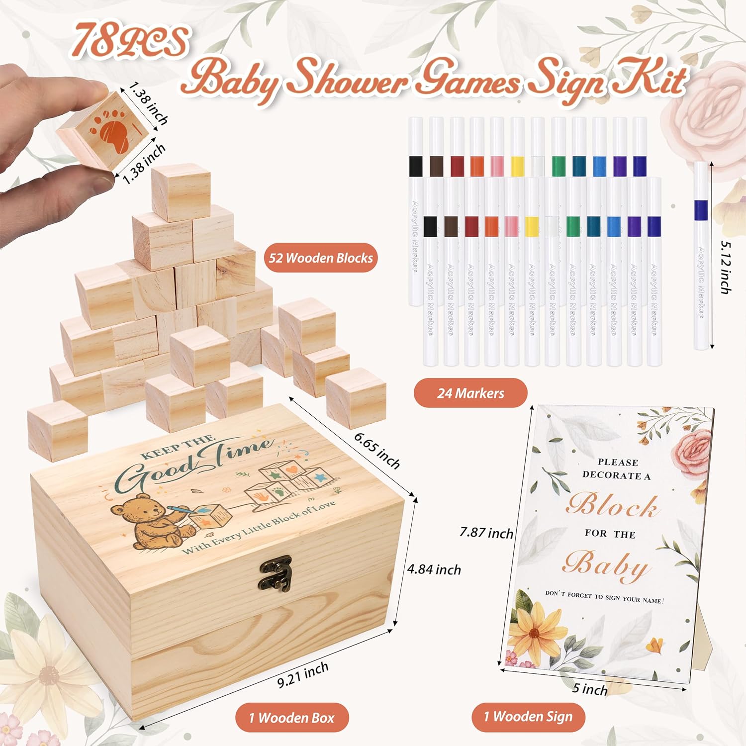 78 Pcs Baby Shower Games Sign Kit For Boys Girls, Wooden Box And Sign, Blank Wooden Blocks For Diy Drawing, Markers, Baby Shower Game For Gender Reveal Activity, Baby Shower Ideas Decorations, Bear D