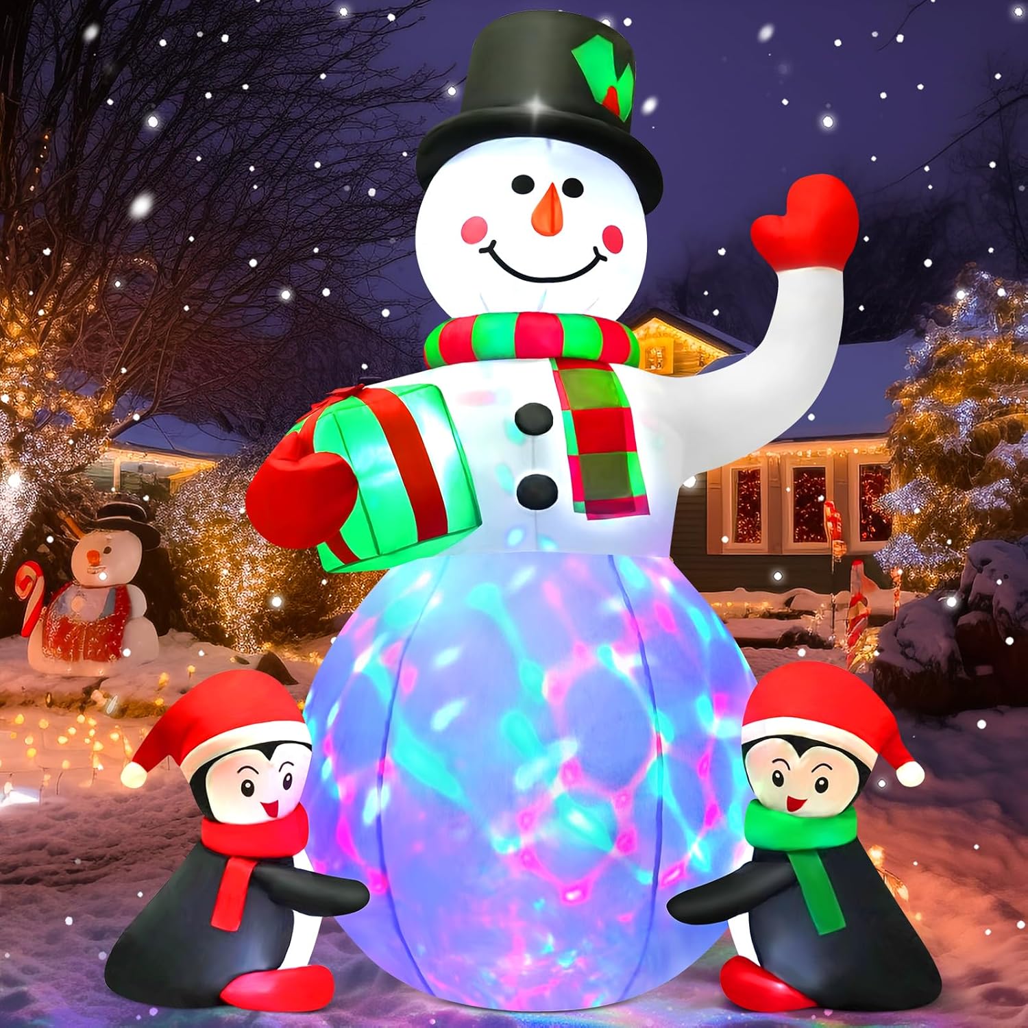 Christmas Inflatables Outdoor Decorations, 6.3 Ft Inflatable Snowman With 2 Penguins And Gift, Blow Up Xmas Decorations