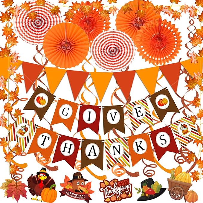 Give Thanks Pumpkin Maple Leaf Banner Bunting Garland Paper Fans Streamers Decor
