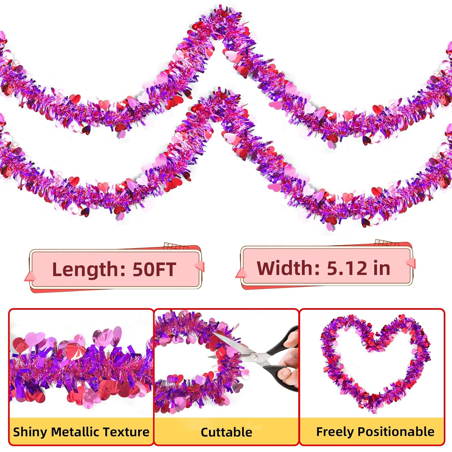 50Ft Valentines Day Garland - Purple Pink Red Heart Valentines Tinsel Garland, Metallic Valentine Day Garland Decor For Mantel, Tree, Valentine'S Day Decorations For Home (Purple)