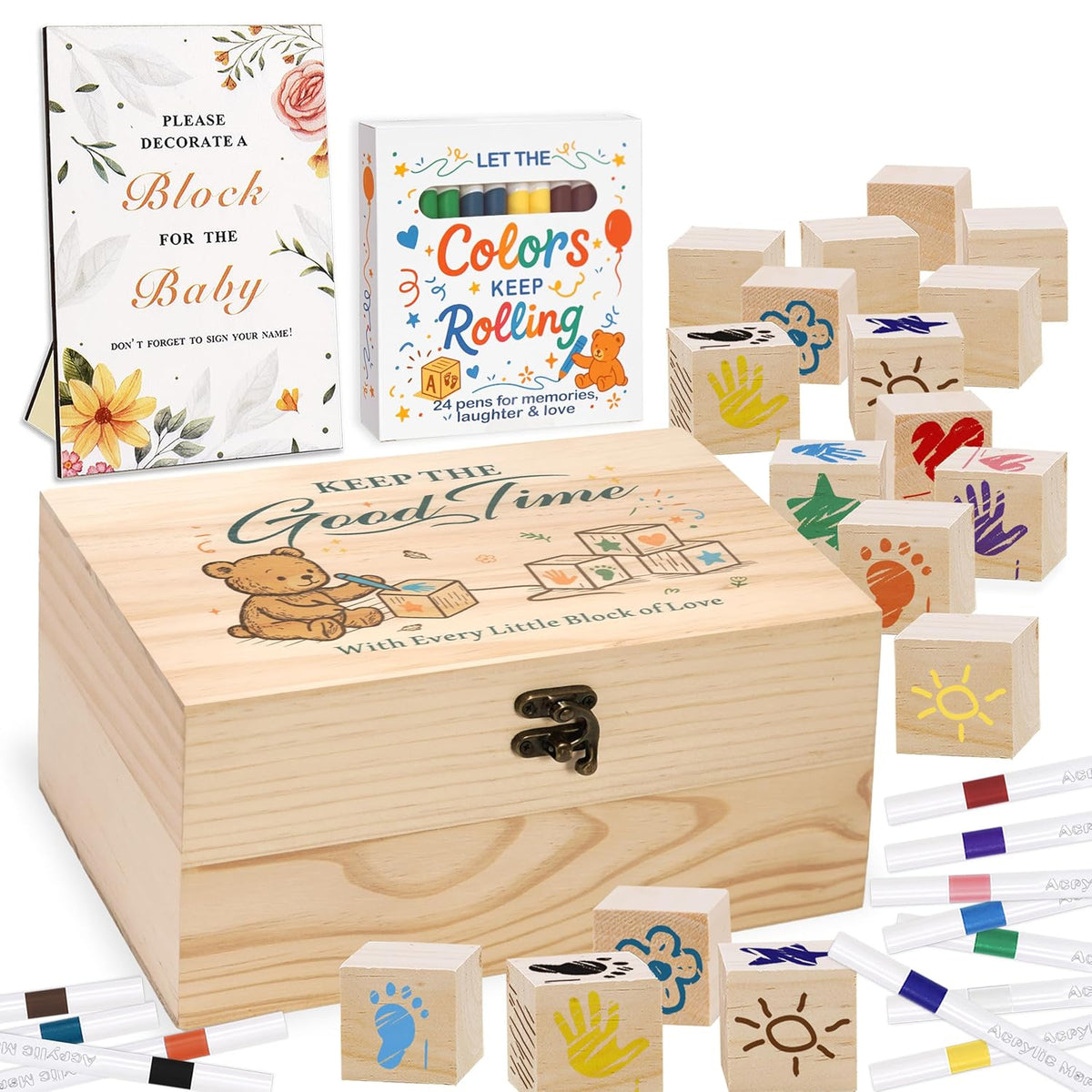 78 Pcs Baby Shower Games Sign Kit For Boys Girls, Wooden Box And Sign, Blank Wooden Blocks For Diy Drawing, Markers, Baby Shower Game For Gender Reveal Activity, Baby Shower Ideas Decorations, Bear D