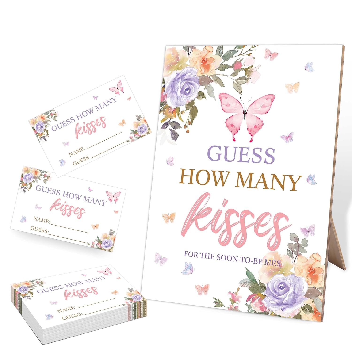 Guess How Many Kisses Bridal Shower Game, 5X8 Blush Pink Purple Butterfly Sign & 50 Cards, Wedding Decor, Wedding Shower Games For Bridal Shower, Engagement Party, Bachelorette Party Night,1