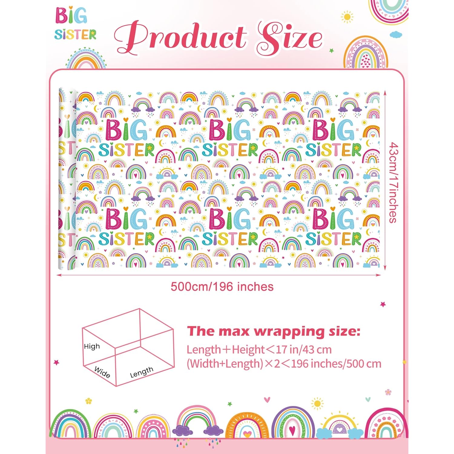 Big Sister Wrapping Paper Roll - Mini Roll - 17 Inch X 16.5 Feet - Big Sister Gift Wrap Paper Cartoon Rainbow Wrapping Paper For Little Girl Birthday Party Supplies, Baby Shower