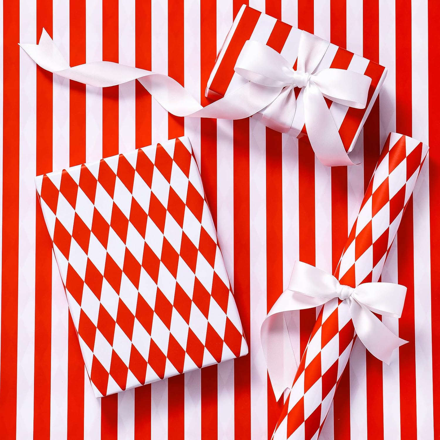 Reversible Wrapping Paper Roll, Mini Roll, Red And White Stripes And Diamond Pattern, Holiday Gift Wrap For Christmas, Valentine'S Day, Birthday, Wedding, Baby Shower, 17 Inches X 16.4 Feet