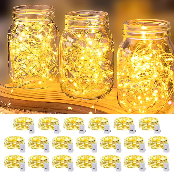 20 Pack Battery Operated Fairy Lights 7FT 20 LED Warm White Mini String Lights 3 Modes Waterproof for Mason Jars Wedding Decor