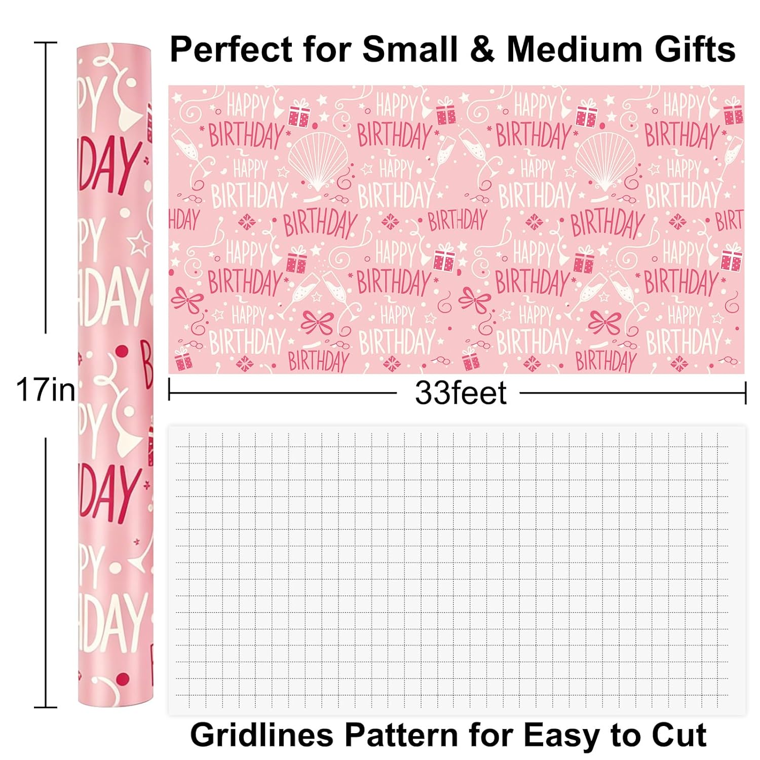 Birthday Wrapping Paper Roll, Pink Gift Wrapping Paper For Small & Medium Gifts, 17 Inch X 33 Feet, Birthday Party Gift Wrap