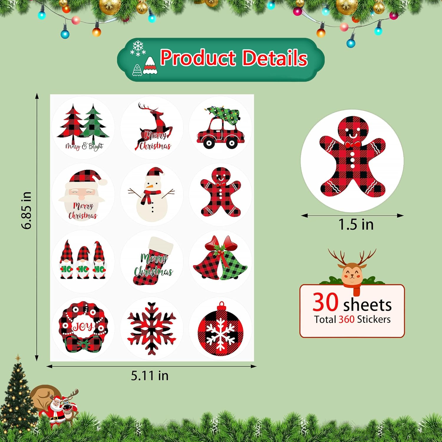 360Pcs Assorted Christmas Buffalo Plaid Stickers For Candy Goodie Envelopes Cards, Round Christmas Envelope Seals Gift Present Wrap Decoration