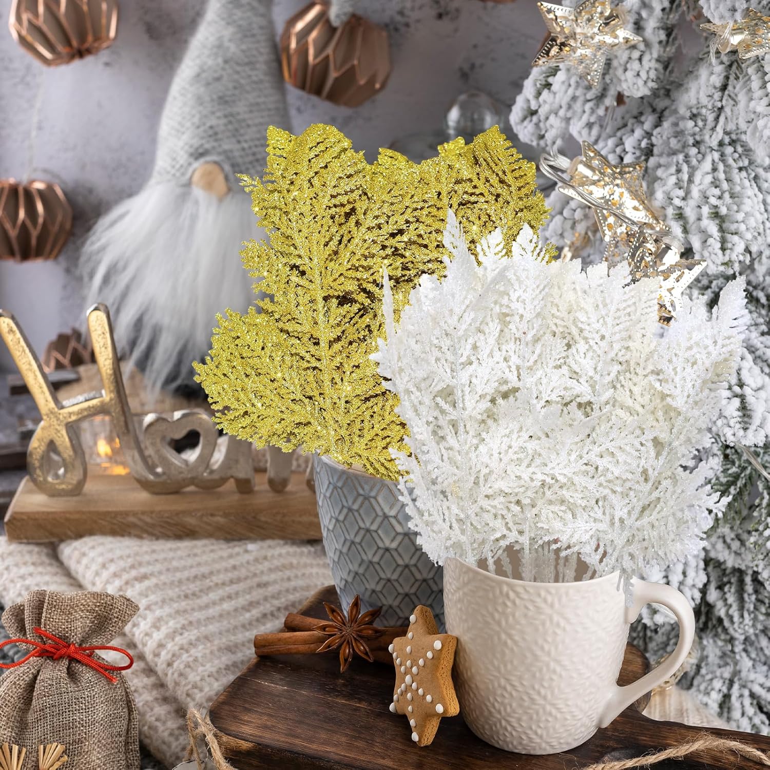 60 Pcs Christmas Glitter Artificial Pine & Cedar Branches - Sparkly Stems Picks For Christmas Tree,Garland,Wreath,Holiday Party & Winter Home Decor