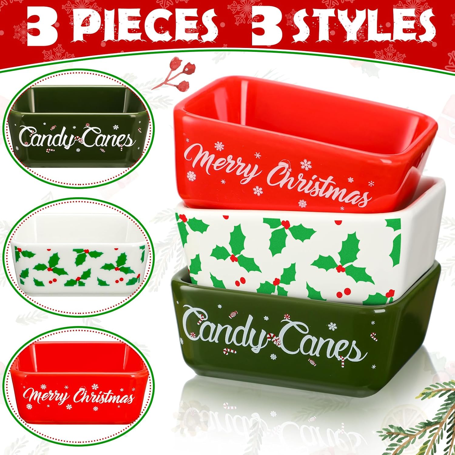3 Pcs Christmas Sugar Candy Bowl Small Ceramic Bowl Merry Xmas Candy Cane Dish Snowflake Candy Snack Dish For Winter Holiday Party Farmhouse Home Table Tiered Tray Decoration Housewarming Gift