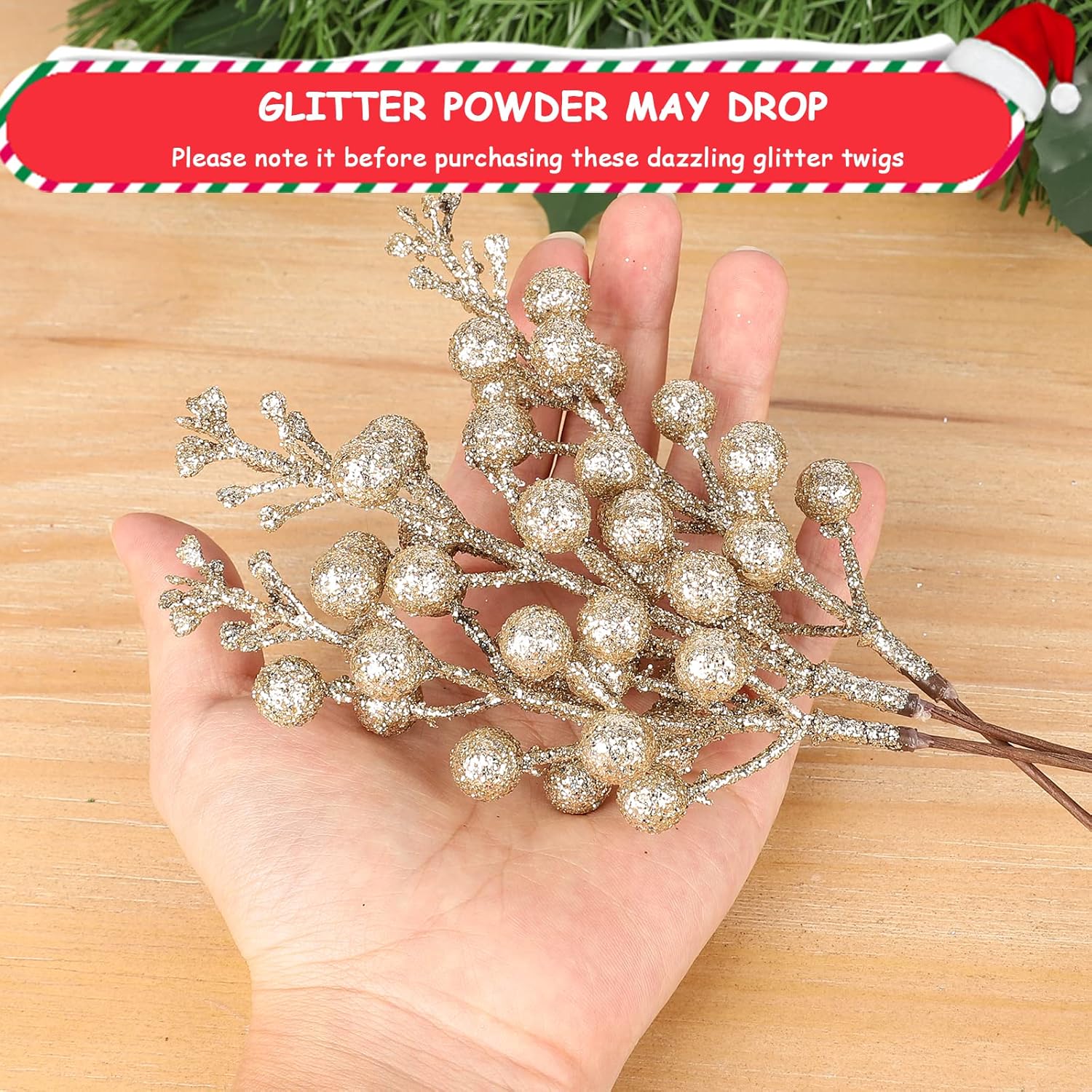 36Pcs Christmas Glitter Berries Stems, 9.5 Inch Artificial Christmas Tree Picks For Christmas Tree Decorations Ornaments Diy Crafts Vases Holiday Wedding Home Xmas Decor(Champagne)