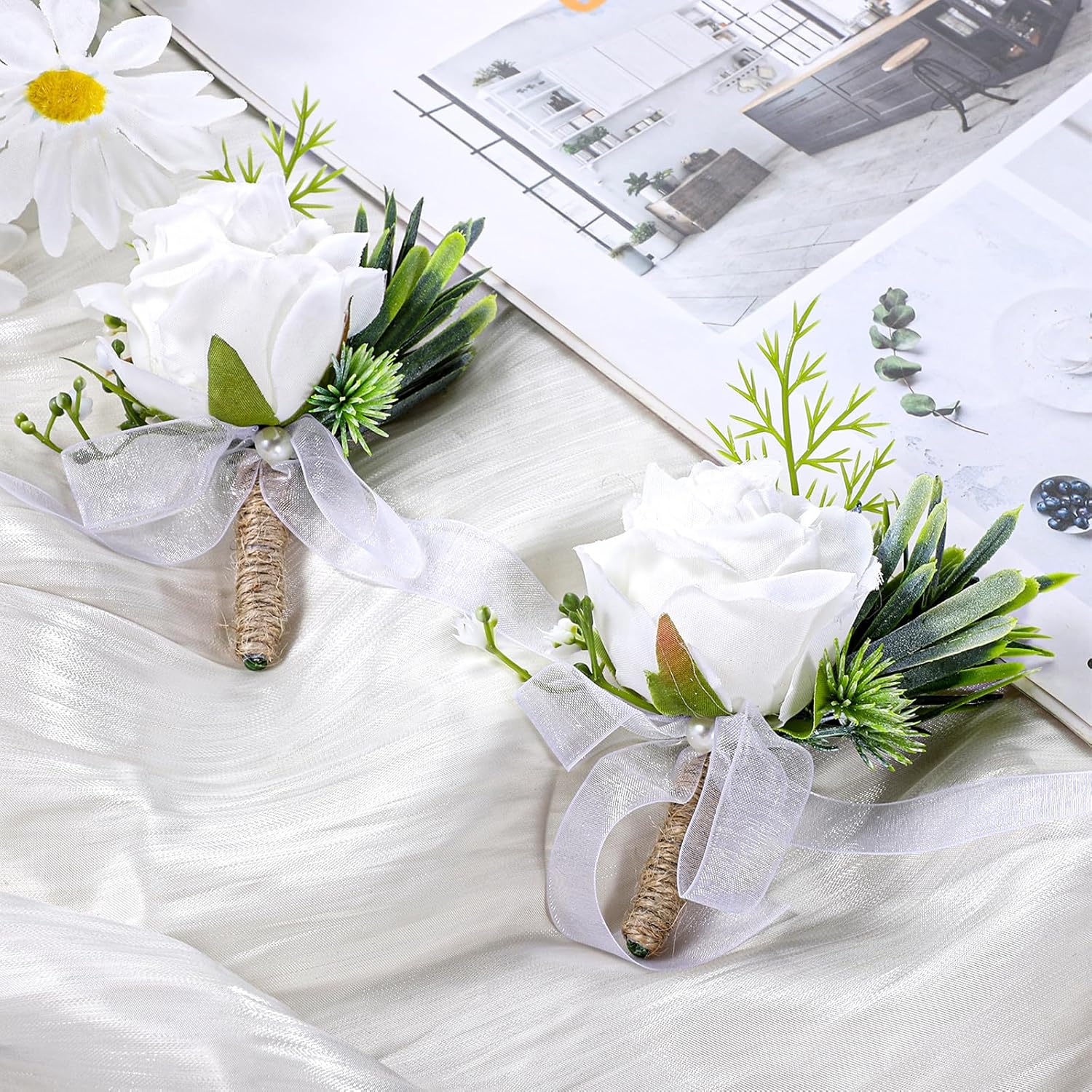 2 Pcs White Rose Boutonniere For Men Artificial Prom Boutonniere Groom Boutonnieres For Wedding Anniversary Ceremony Prom Flower