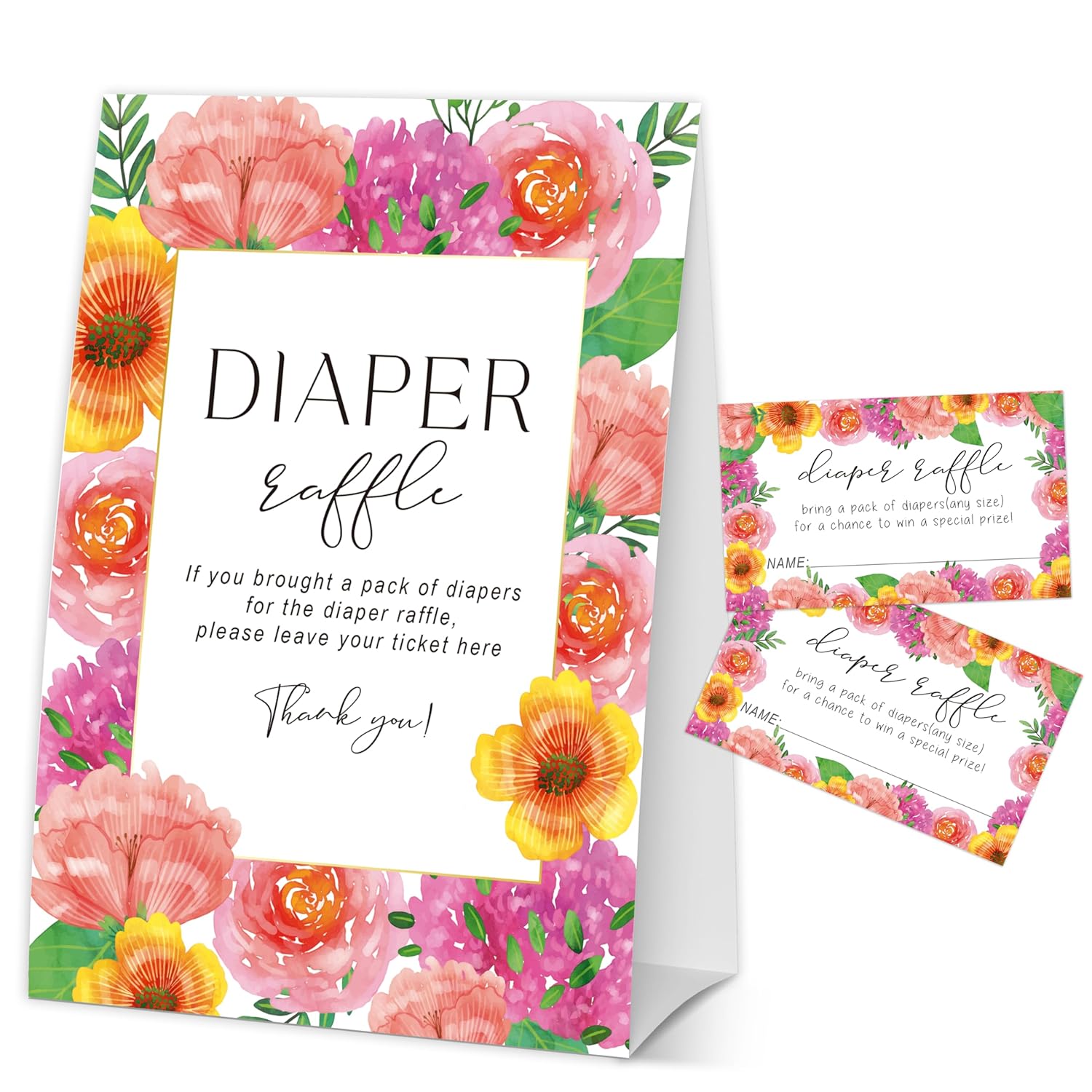 Baby In Bloom Diaper Raffle Tickets, Pink Floral Baby Shower Games For Gender Reveal Party Decor & Supplies, 1 Sign & 50 Cards-A10