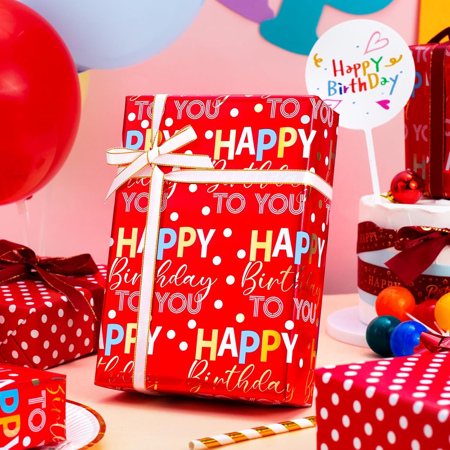 Reversible Red Birthday Wrapping Paper Roll - 17 Inch X 33 Feet - Glitter Happy Birthday Lettering Metallic Foil Paper Boy Gift Wrap W/Polka Dot For Party Father'S Day Halloween'S Day