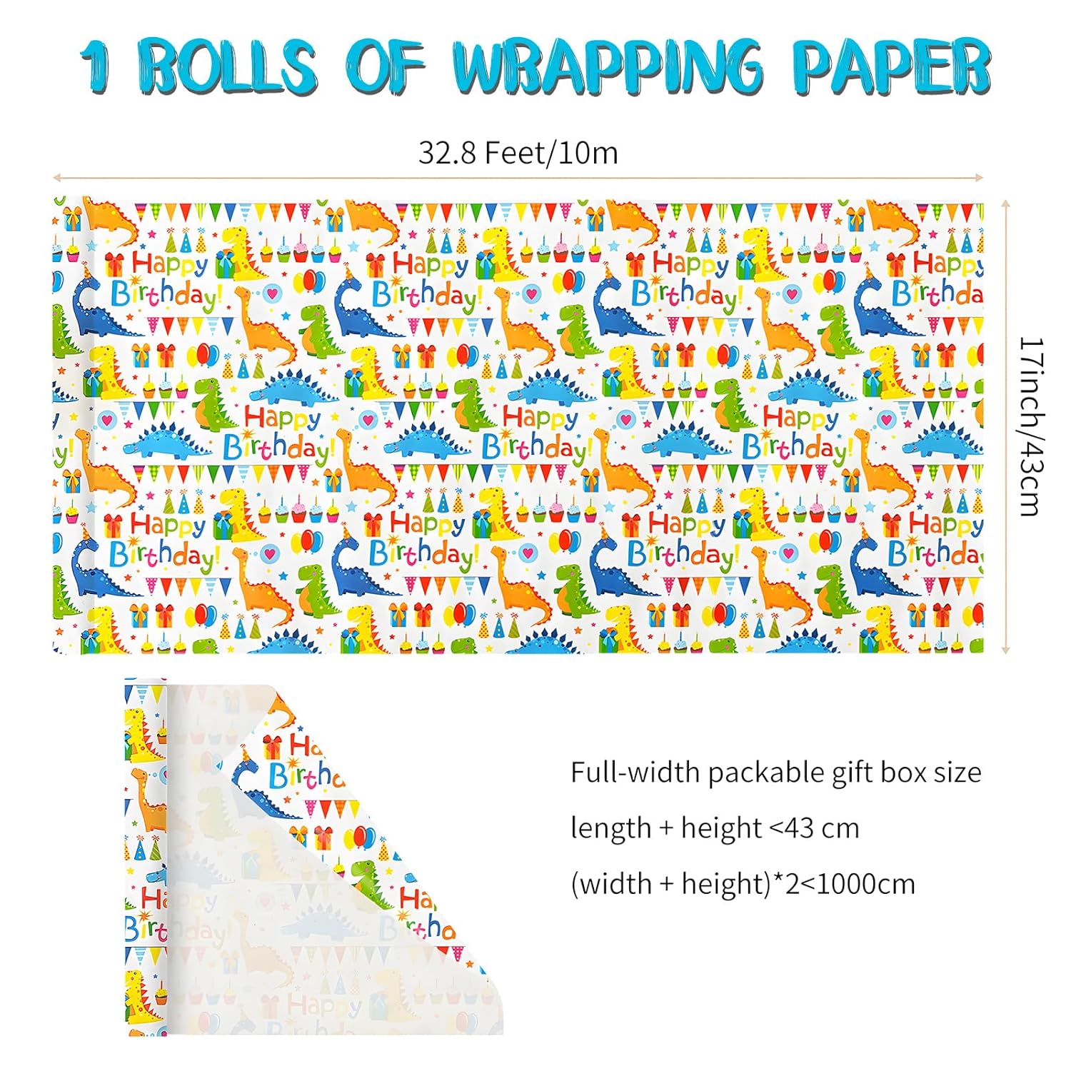 Happy Birthday Dinosaur Wrapping Paper Roll, 17 Inch X 32.8 Feet 1 Roll, Cute Wrapping Paper, Dinosaur Party Favor, Baby Showers, Happy Bday Wrap, Christmas Wrapping Paper Design , Wrapping Paper Rolls Gift Wrap Paper Parties