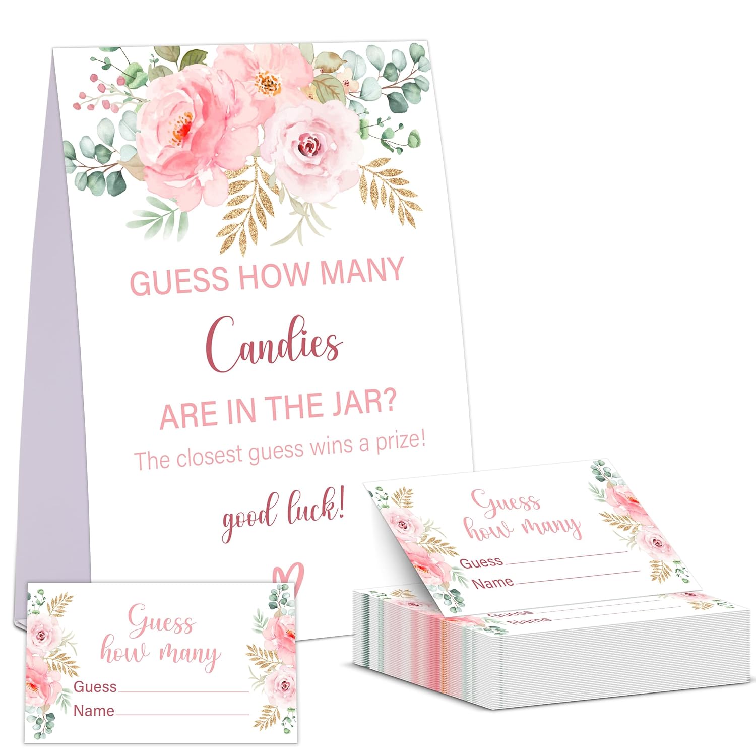 Blush Pink Floral Baby Shower Game, Guess How Many Candies Are In The Jar, Pack Of 1 Sign And 50 Guessing Cards, Baby Shower Decoration, Gender Neutral - 02