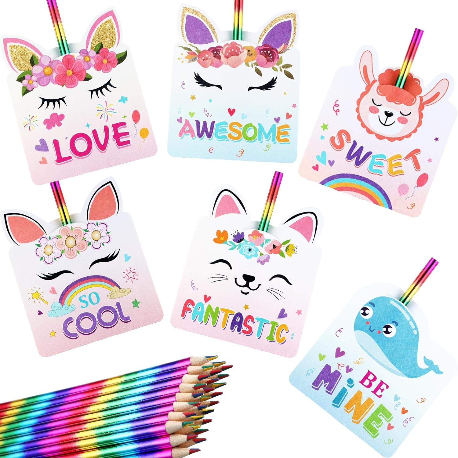 30 Sets Valentine‘S Day Cards With Rainbow Pencils For Kids Unicorn Valentines Cute Animal Greeting Cards For Classroom Exchange Party Favor Supplies