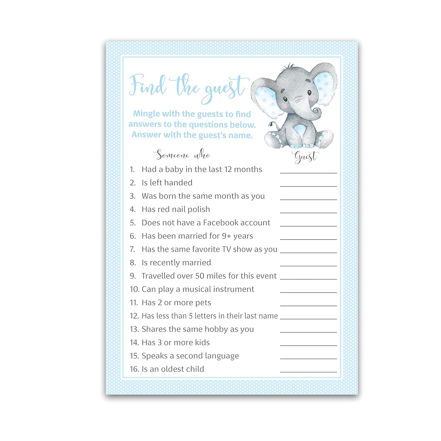 Find The Guest Baby Shower Game — Pack Of 25 — Blue Elephant Boy Shower Activity, Icebreaker Games, Guess Who Came To The Party, Baby Shower Quiz Couples Shower, Gender Reveal G501-Ftg