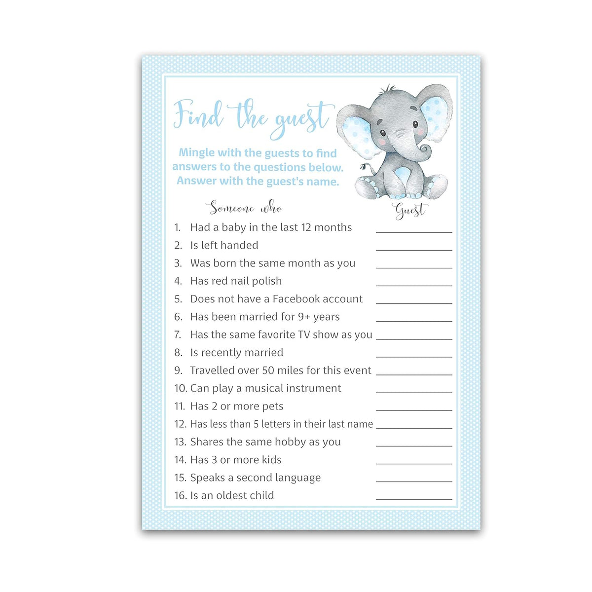 Find The Guest Baby Shower Game — Pack Of 25 — Blue Elephant Boy Shower Activity, Icebreaker Games, Guess Who Came To The Party, Baby Shower Quiz Couples Shower, Gender Reveal G501-Ftg