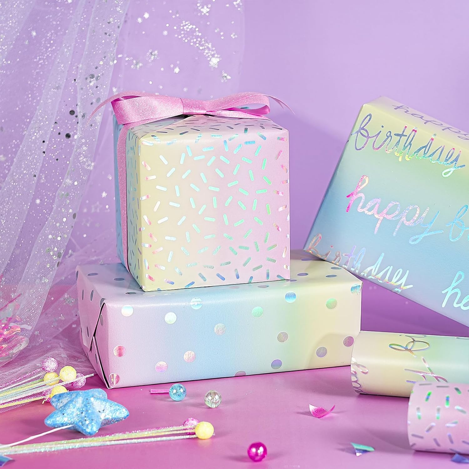 Holographic Birthday Wrapping Paper Roll Set, Iridescent Shiny Rainbow Foil Gift Wrap With Dots, Confetti And Happy Birthday Lettering For Kids, Girls, 3 Rolls, 17 Inches X 10 Feet Per Roll