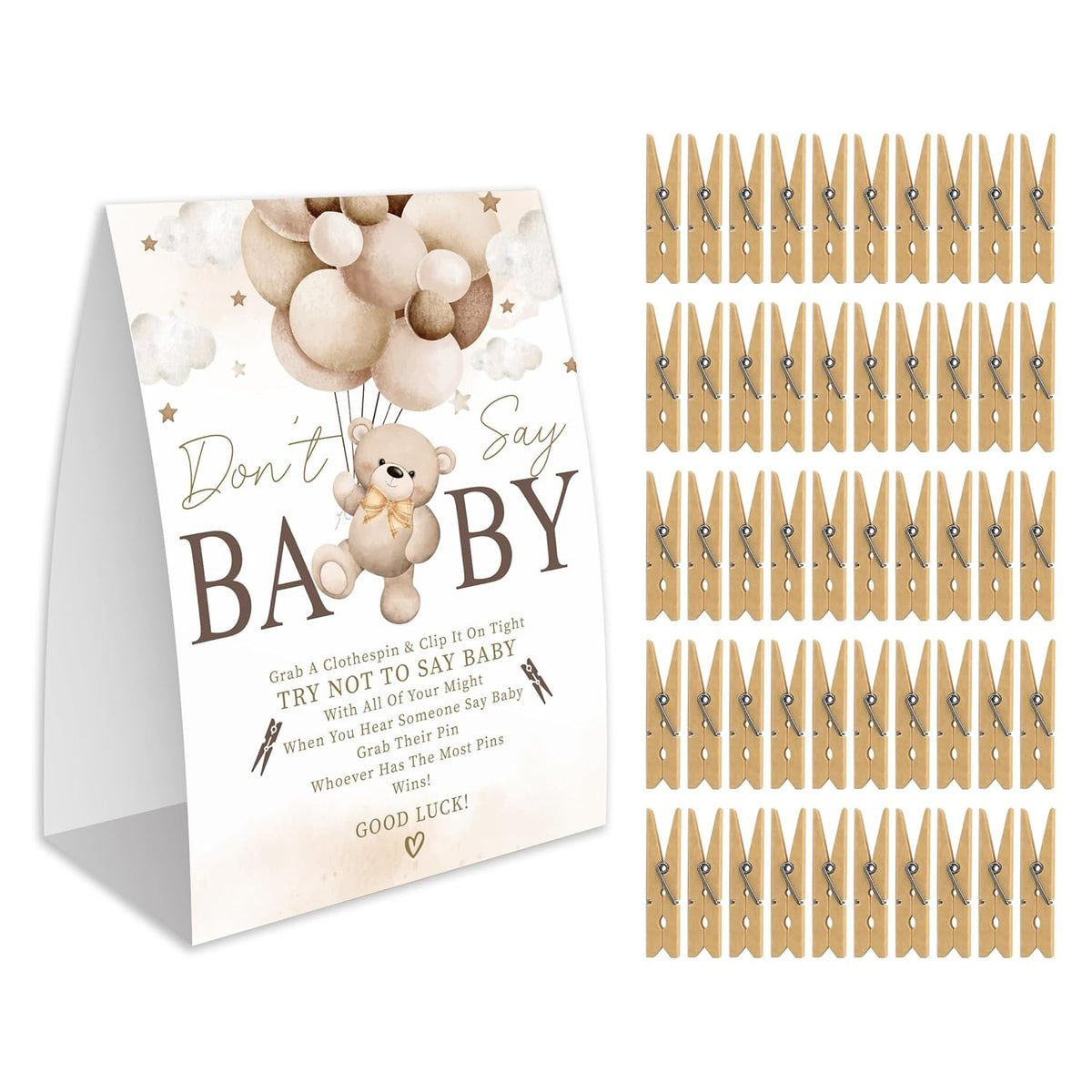 Don'T Say Baby Game For Baby Shower, 50 Wooden Clothespins And One Sign, Brown Boho Bear Theme, Pins For Baby Shower Decorations, Gender Reveal Games, Baby Shower Supplies-Bb35