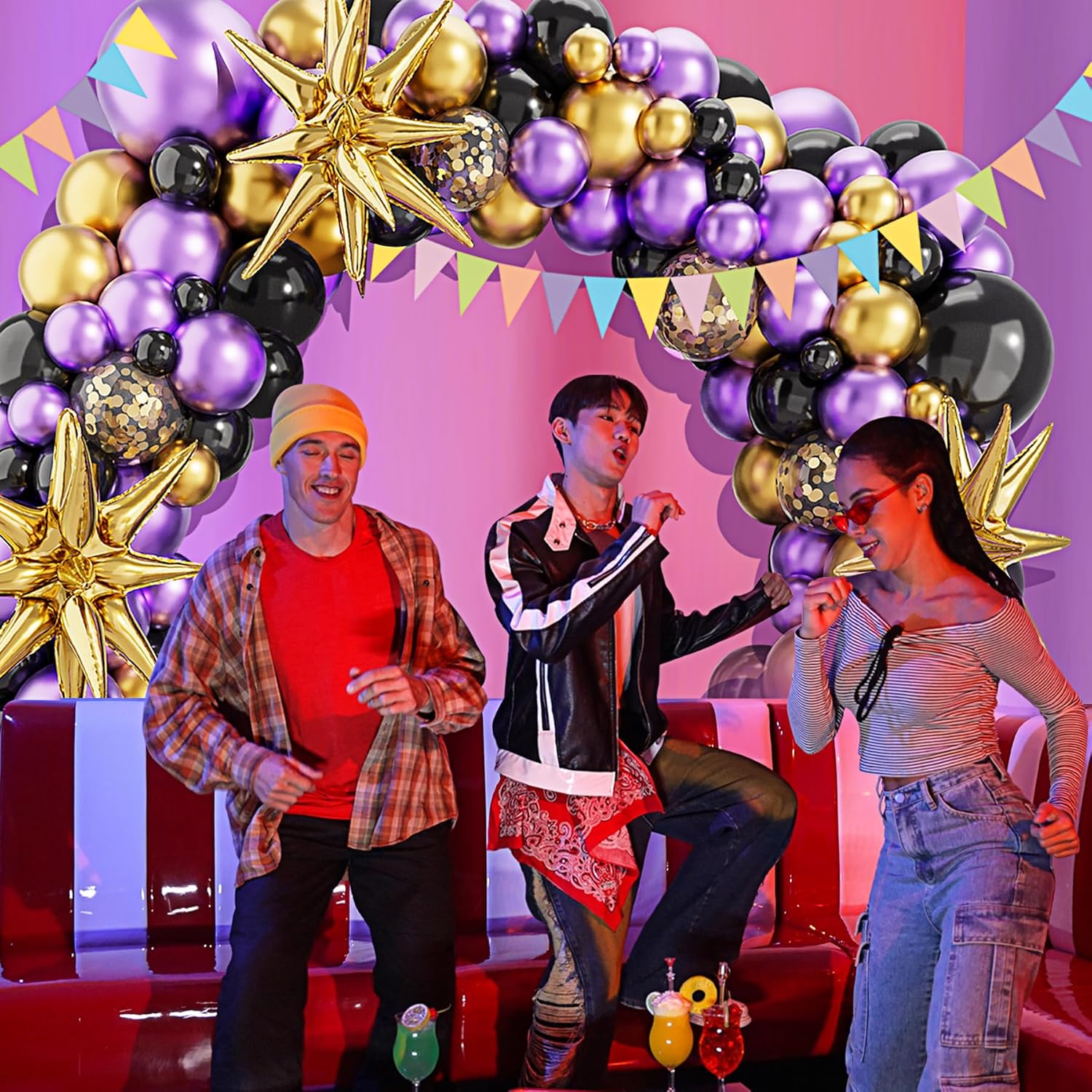 Metallic Purple Black Balloons Arch Garland Kit-Metallic Gold Balloon Gold Confetti Balloon 127Pcs For Graduation,Birthday,Easter,Baby Shower,Anniversary,Christmas Party Decorations.