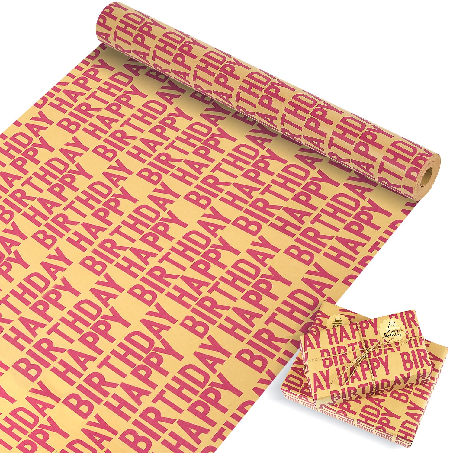 Birthday Wrapping Paper Roll, Red And Brown Kraft Happy Birthday Wrapping Paper Jumbo Roll, Gift Wrap Paper Set For Men Women Boys Girls, 17X590 Inch (70 Sq. Ft.)