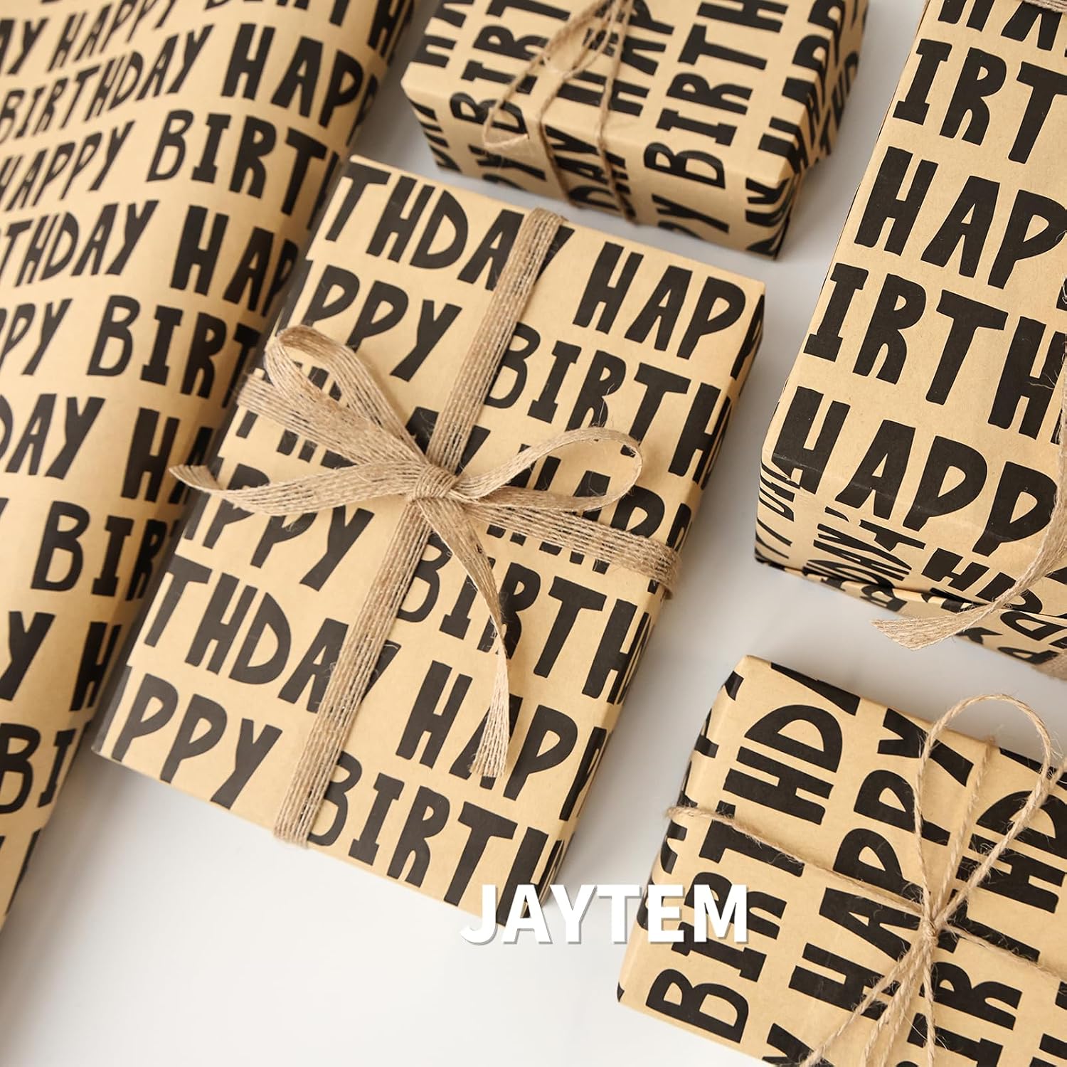 Kraft Birthday Wrapping Paper, 6 Sheets Gift Wrapping Paper-27.5 X 19.6 Inches Per Sheet, Classic Black Lettering Design Pattern For Men, Women, Boys