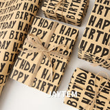 Kraft Birthday Wrapping Paper, 6 Sheets Gift Wrapping Paper-27.5 X 19.6 Inches Per Sheet, Classic Black Lettering Design Pattern For Men, Women, Boys