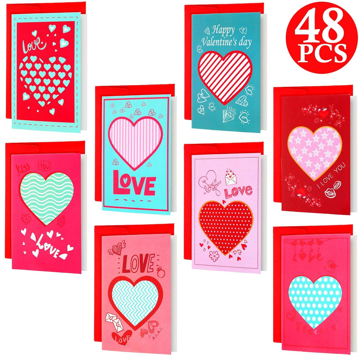 48 Pcs Valentine'S Day Cards With Envelopes Bulk Classroom Kids Greeting Cards 4 X 6'' Love Assorted Blank Heart Valentine Postcards For Wedding, Love Ones