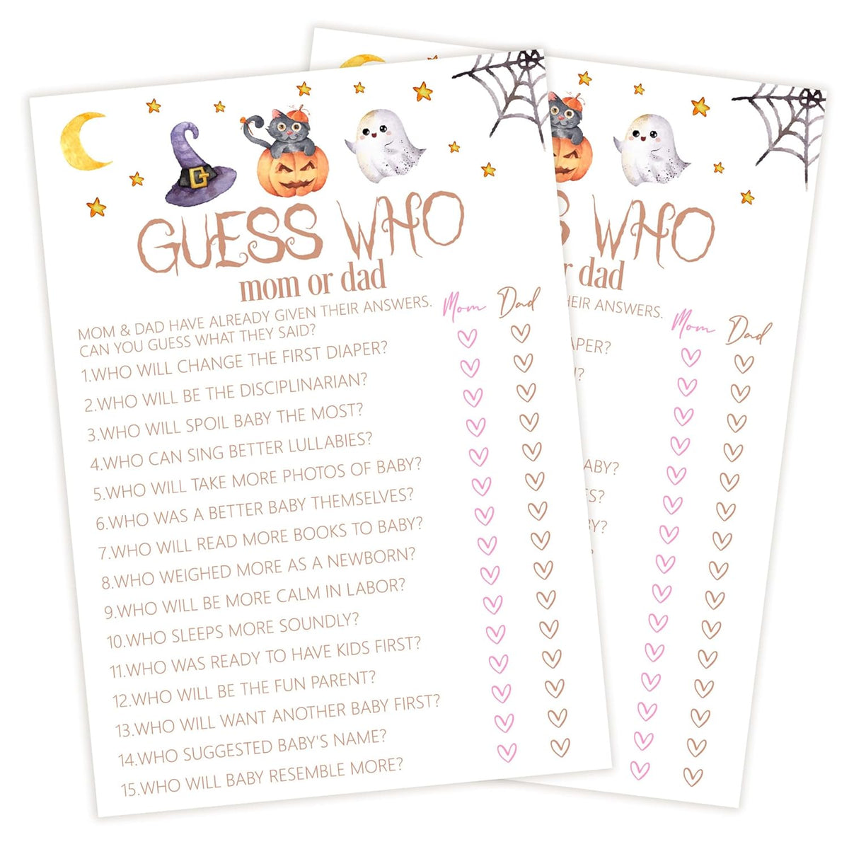 Baby Shower Games, Halloween Guess Who Mom Or Dad Game Cards, 25 Sets Baby Gender Reveal Party Decorations Supplies Favors - D01