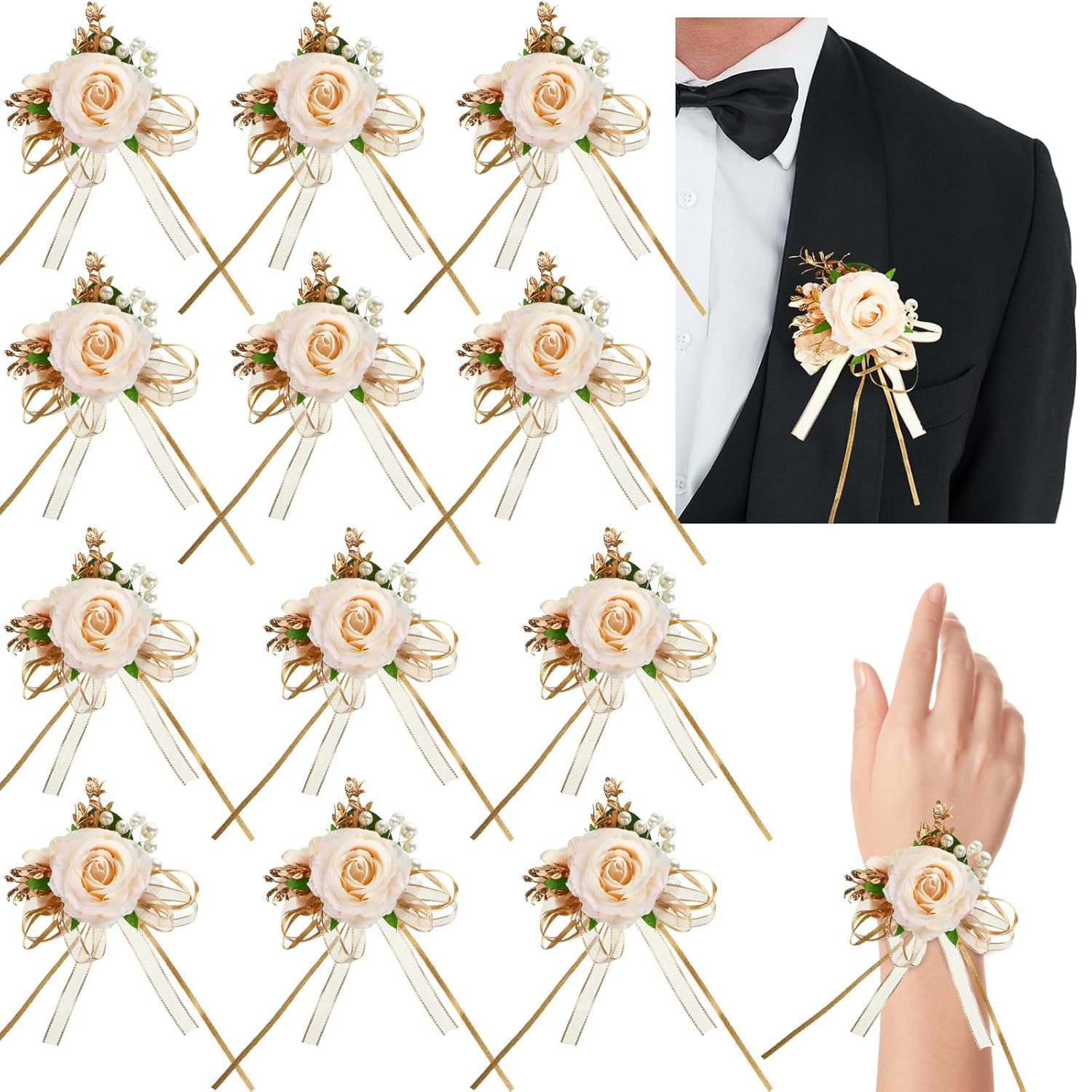 12 Pcs Champagne Corsage And Boutonniere Set Artificial Flower Wrist Corsage Bracelets Rose Pearl Wedding Boutonniere Prom Flower Wrist Corsage Prom Corsage Wristlet For Men Women Bride Groom