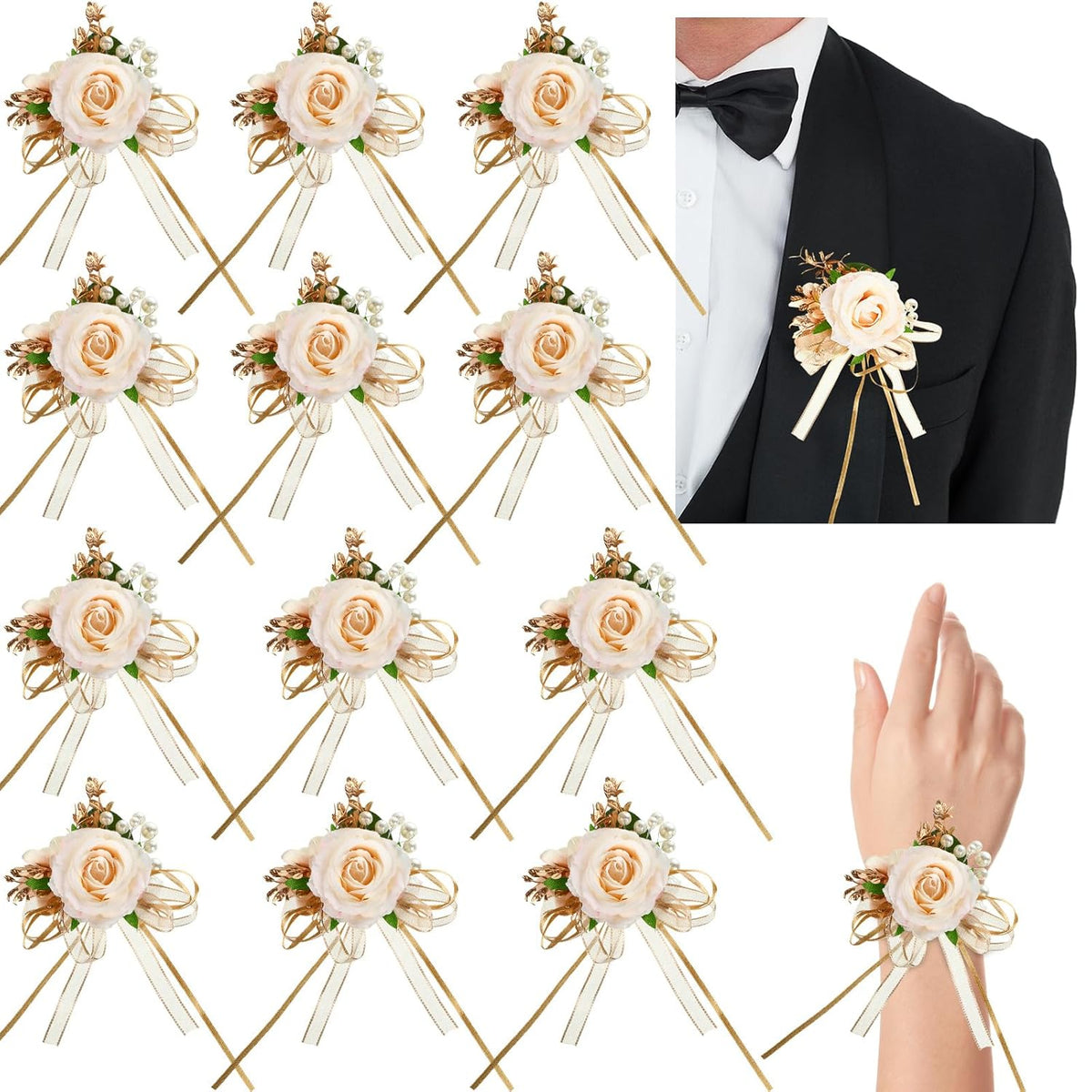 12 Pcs Champagne Corsage And Boutonniere Set Artificial Flower Wrist Corsage Bracelets Rose Pearl Wedding Boutonniere Prom Flower Wrist Corsage Prom Corsage Wristlet For Men Women Bride Groom