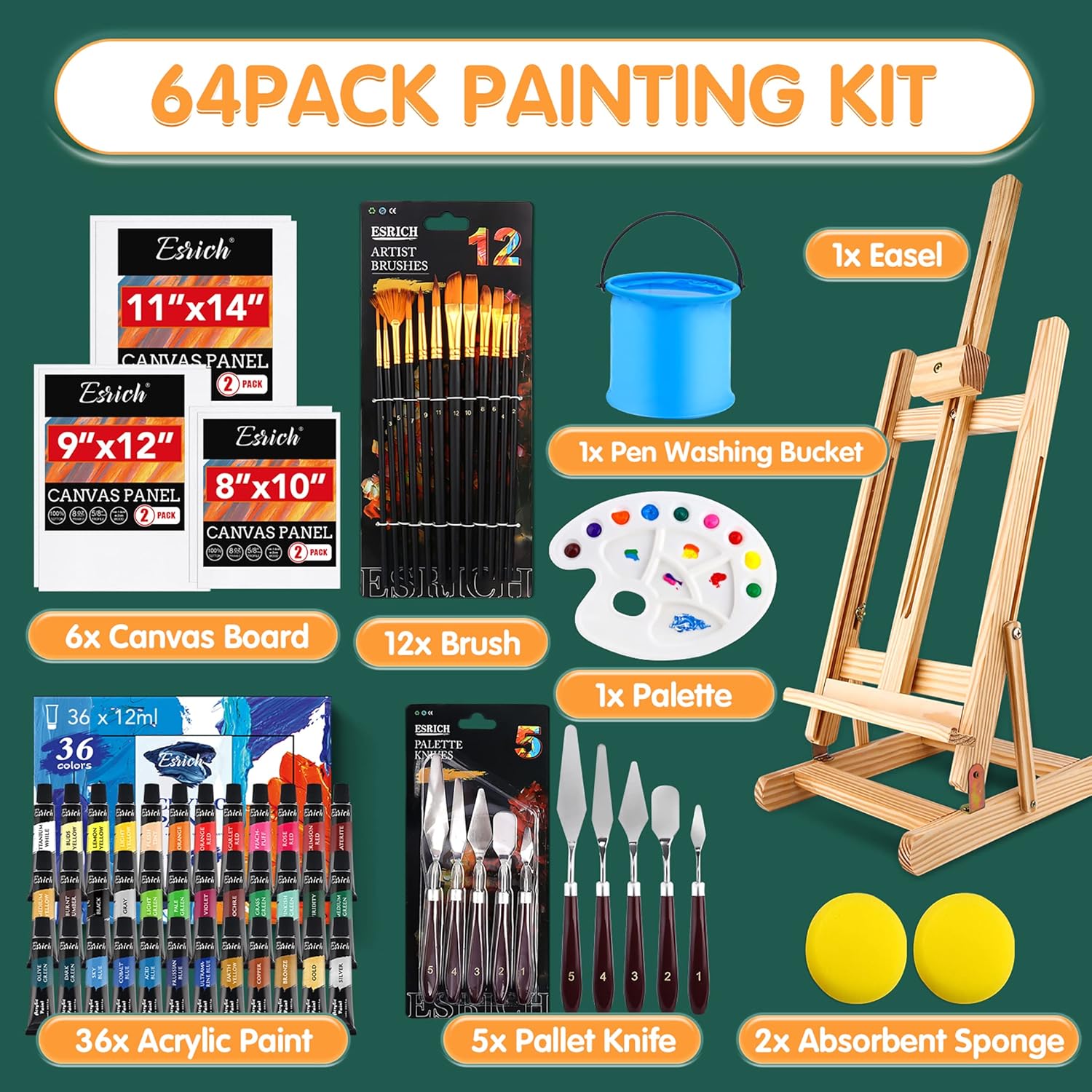 Acrylic Paint Set, 64Pcs Painting Supplies With Wooden Easel, Brushes, 36 Colors Acrylic Paint, Canvases, Palette, Paints Knives Etc, Painting Kit For Adults, Students, Hobbyists, Beginners