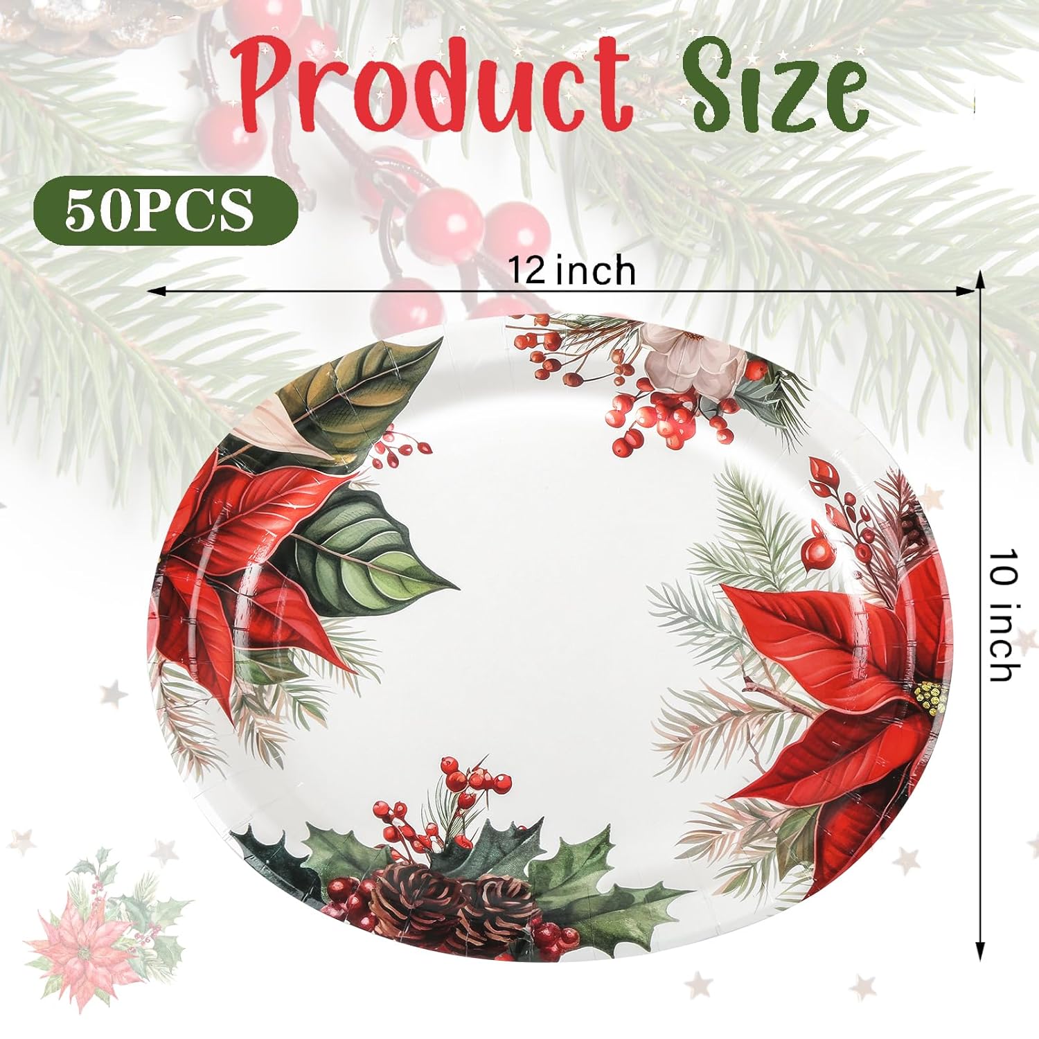50Pcs Christmas Paper Plates - Poinsettia Flower Oval Plates, Heavy Duty, Disposable Dinnerware Serving Tray For Christmas Holiday Party, 10 X 12 Inch