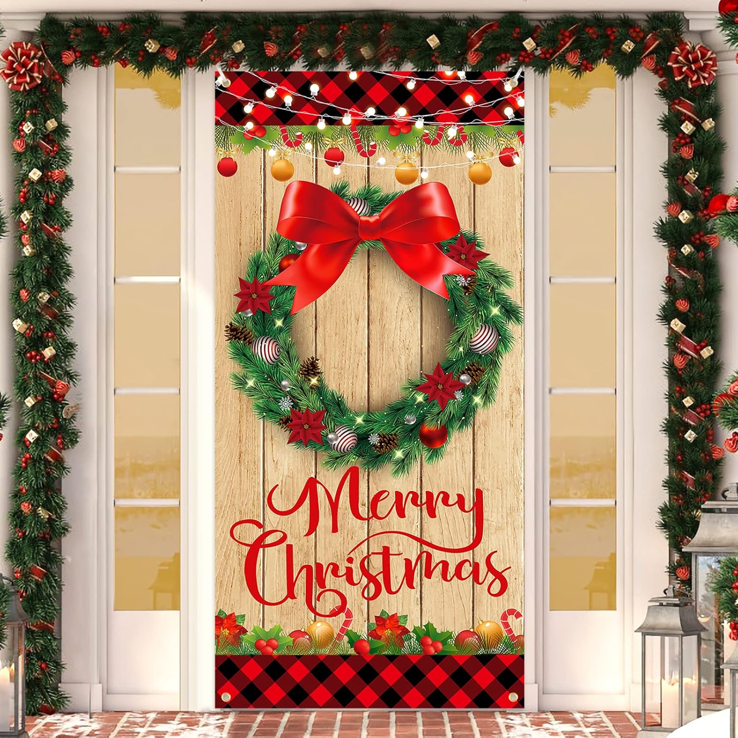 Merry Christmas Wood Grain Plaid Edge Wreath Banner For Farmhouse Door Decoration