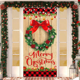 Merry Christmas Wood Grain Plaid Edge Wreath Banner For Farmhouse Door Decoration